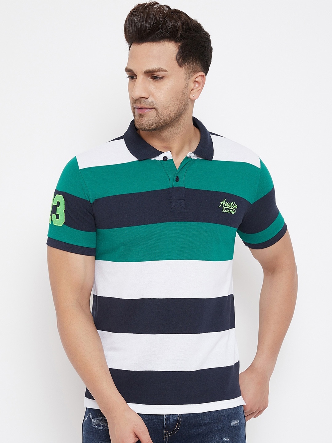 

Austin wood Men Navy Blue & White Striped Polo Collar T-shirt
