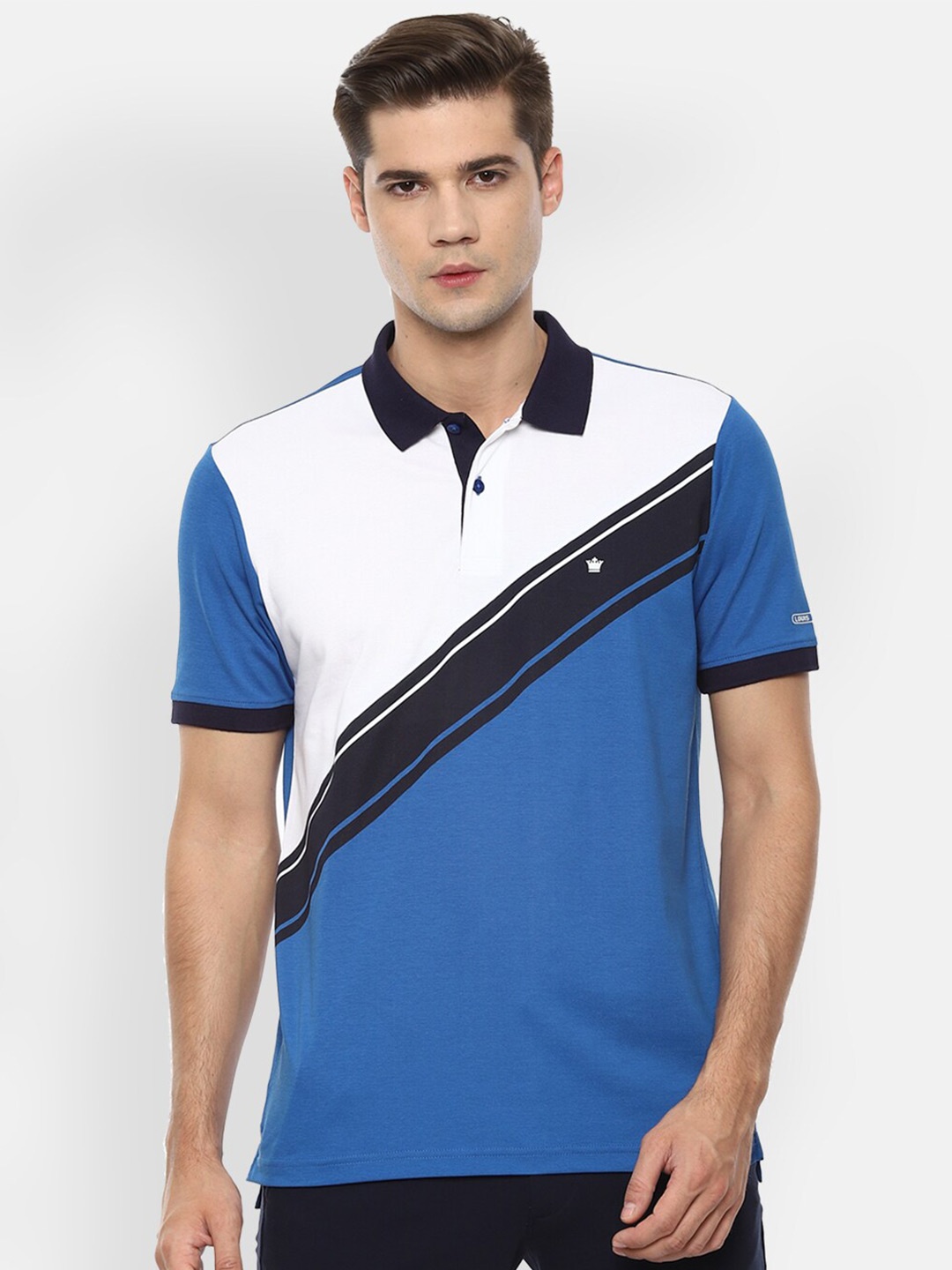 

Louis Philippe Men Blue & White Colourblocked Polo Collar T-shirt
