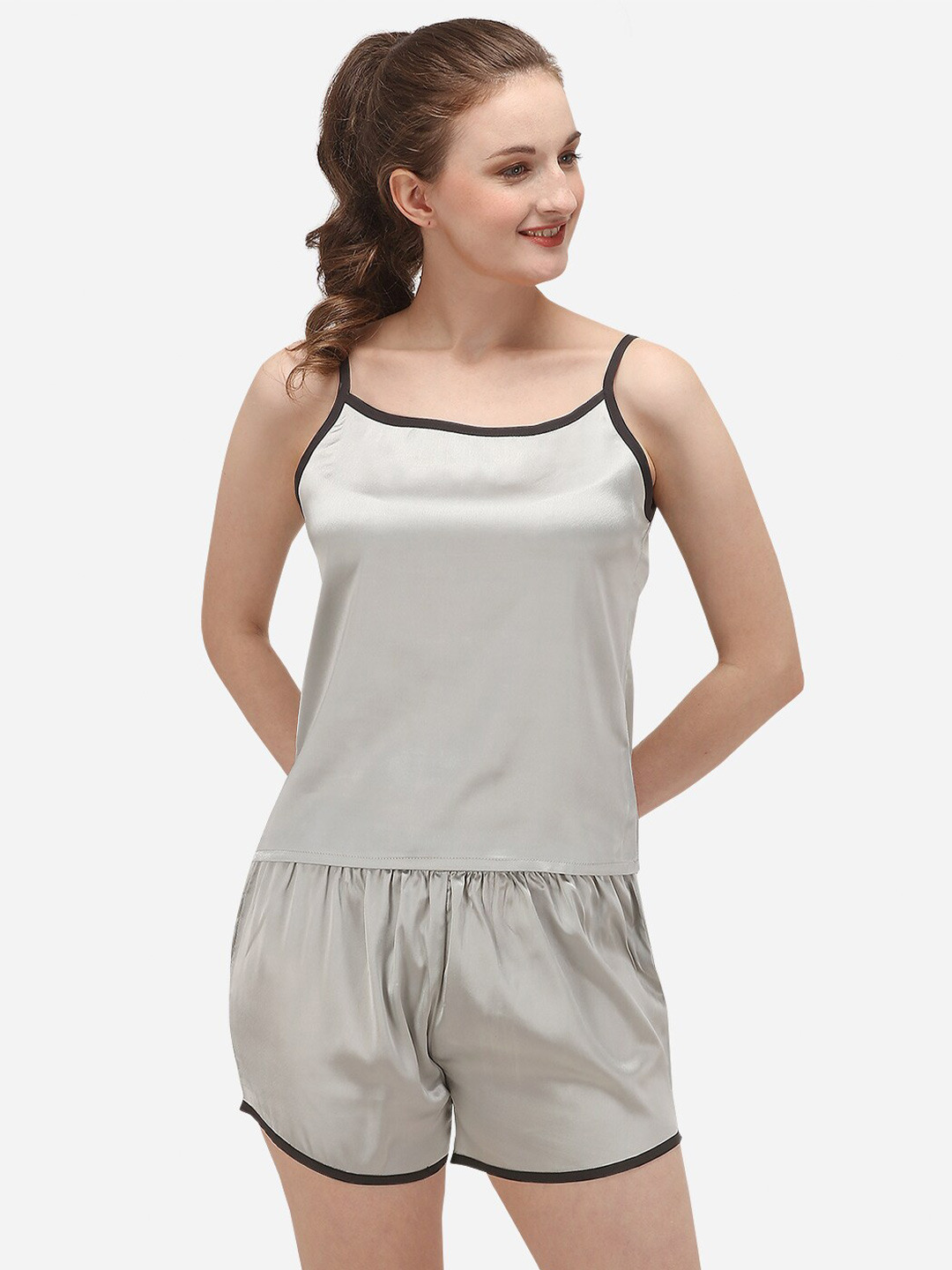 

Fbella Women Silver-Toned & Black Solid Night suit