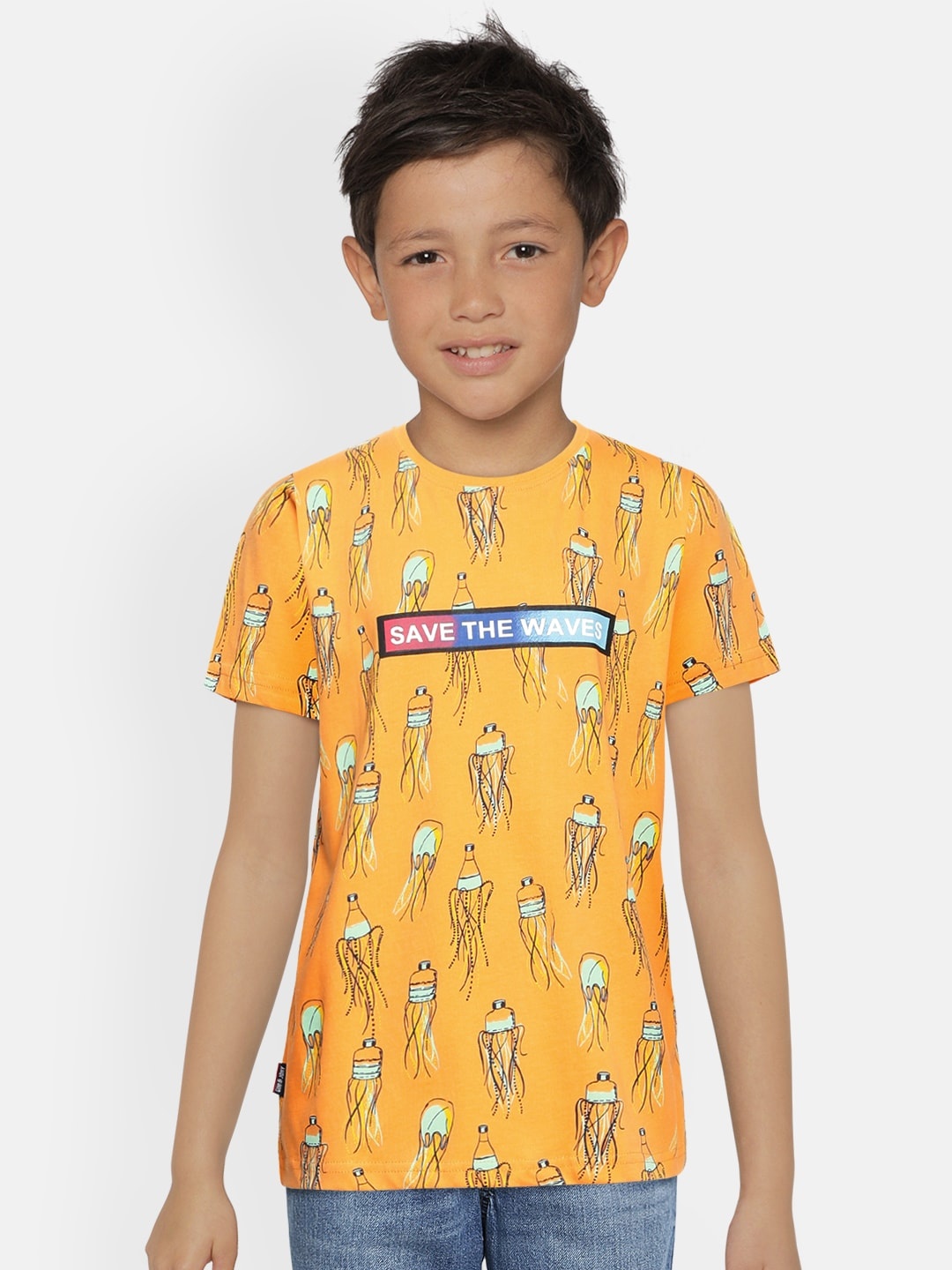 

Gini and Jony Boys Orange Printed Pure Cotton T-shirt