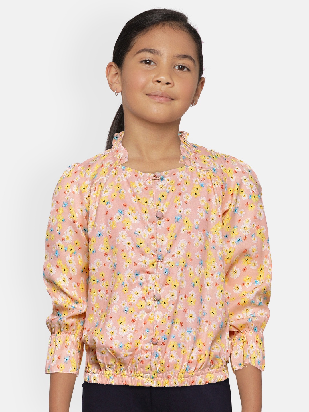 

Gini and Jony Girls Peach-Coloured Printed Blouson Top