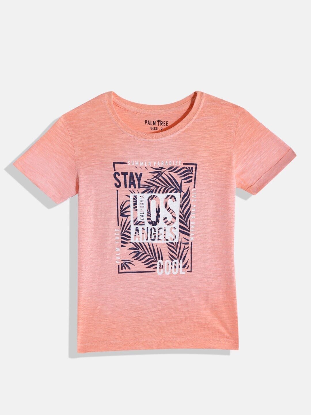 

Palm Tree Boys Peach-Coloured & Blue Printed Pure Cotton T-shirt