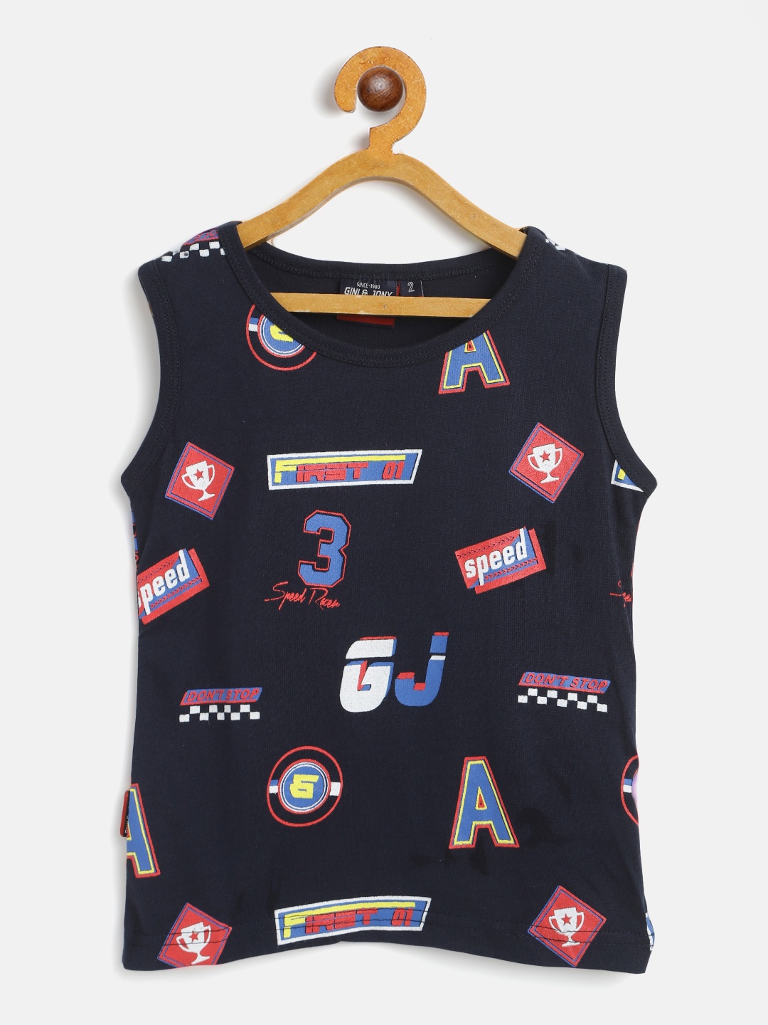 

Gini and Jony Boys Navy Blue Typography Printed Cotton T-shirt