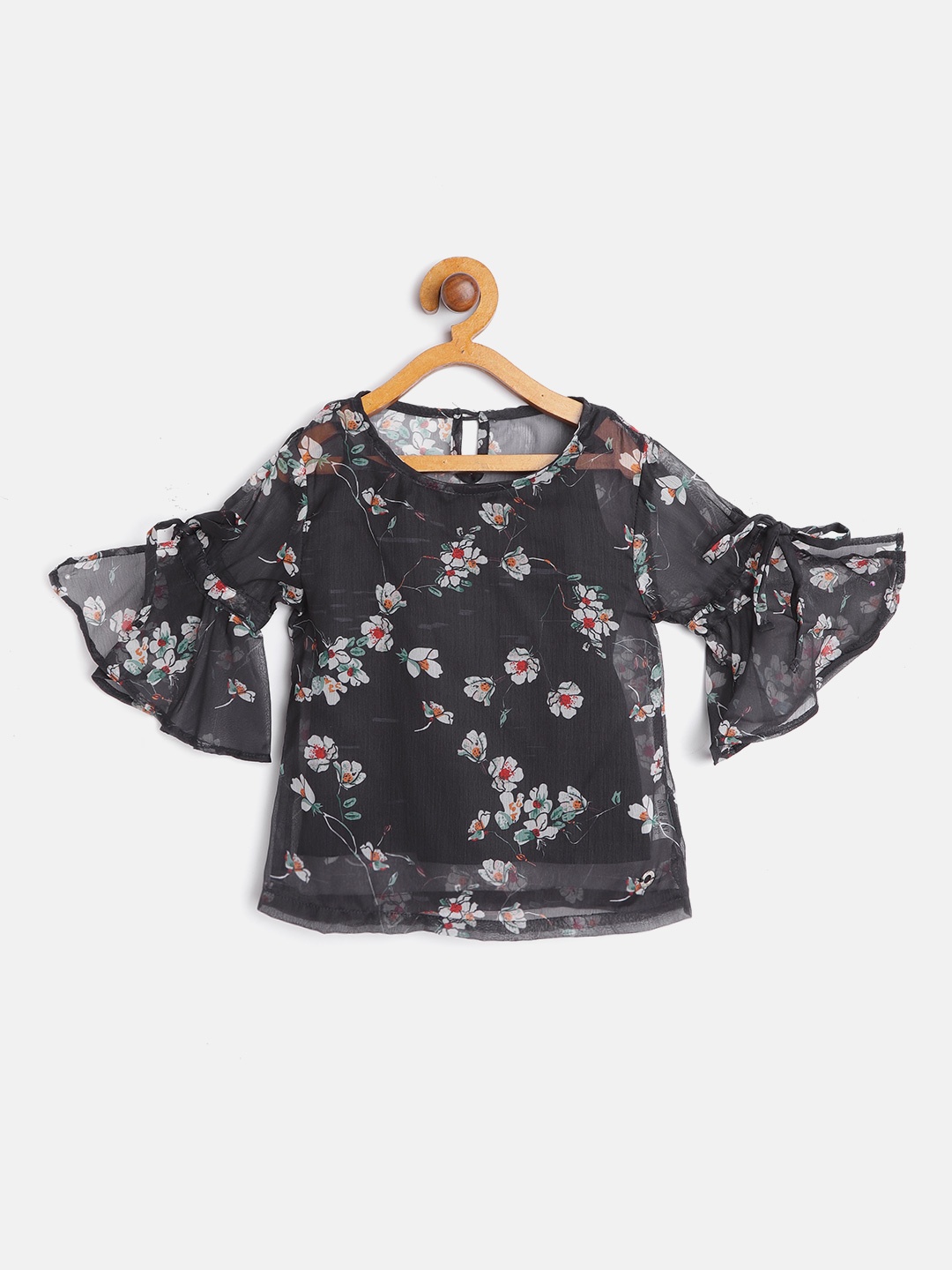 

Gini and Jony Girls Navy Blue & White Floral Bell Sleeves Sheer Regular Top