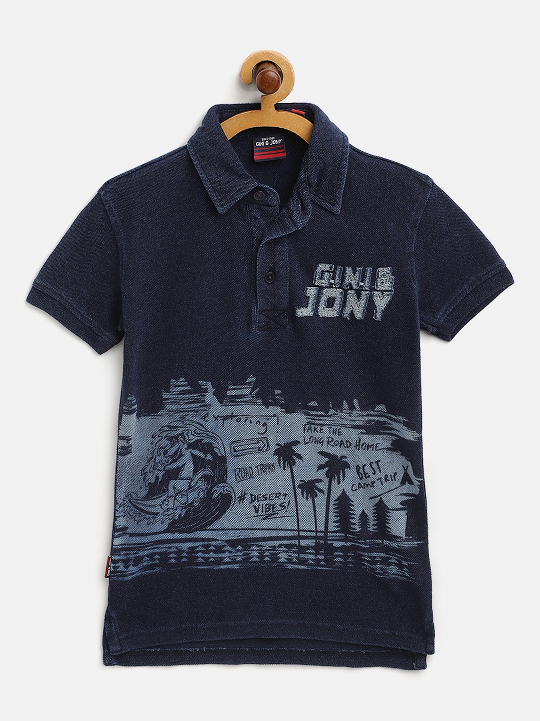 

Gini and Jony Boys Navy Blue Cotton Tropical Printed Polo Collar Applique T-shirt