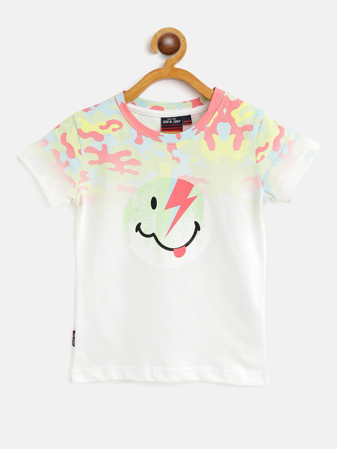 

Gini and Jony Boys White Smiley Printed Cotton T-shirt