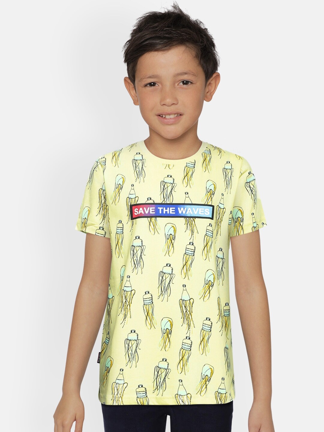 

Gini and Jony Boys Yellow Printed Pure Cotton T-shirt