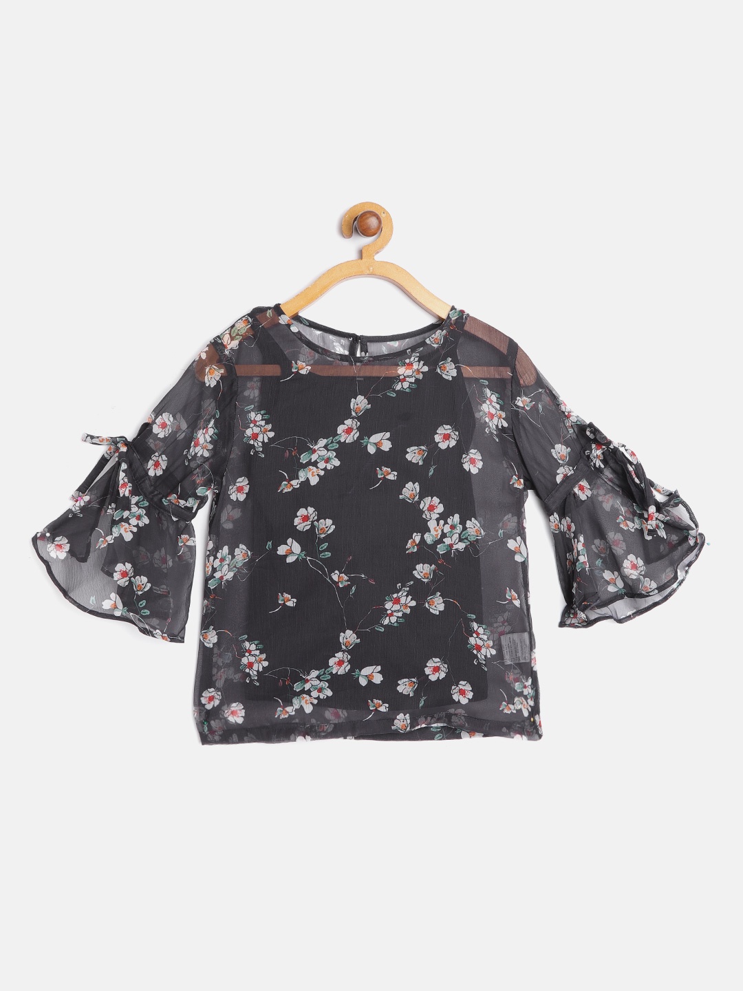 

Gini and Jony Girls Navy Blue & White Floral Bell Sleeves Sheer Regular Top