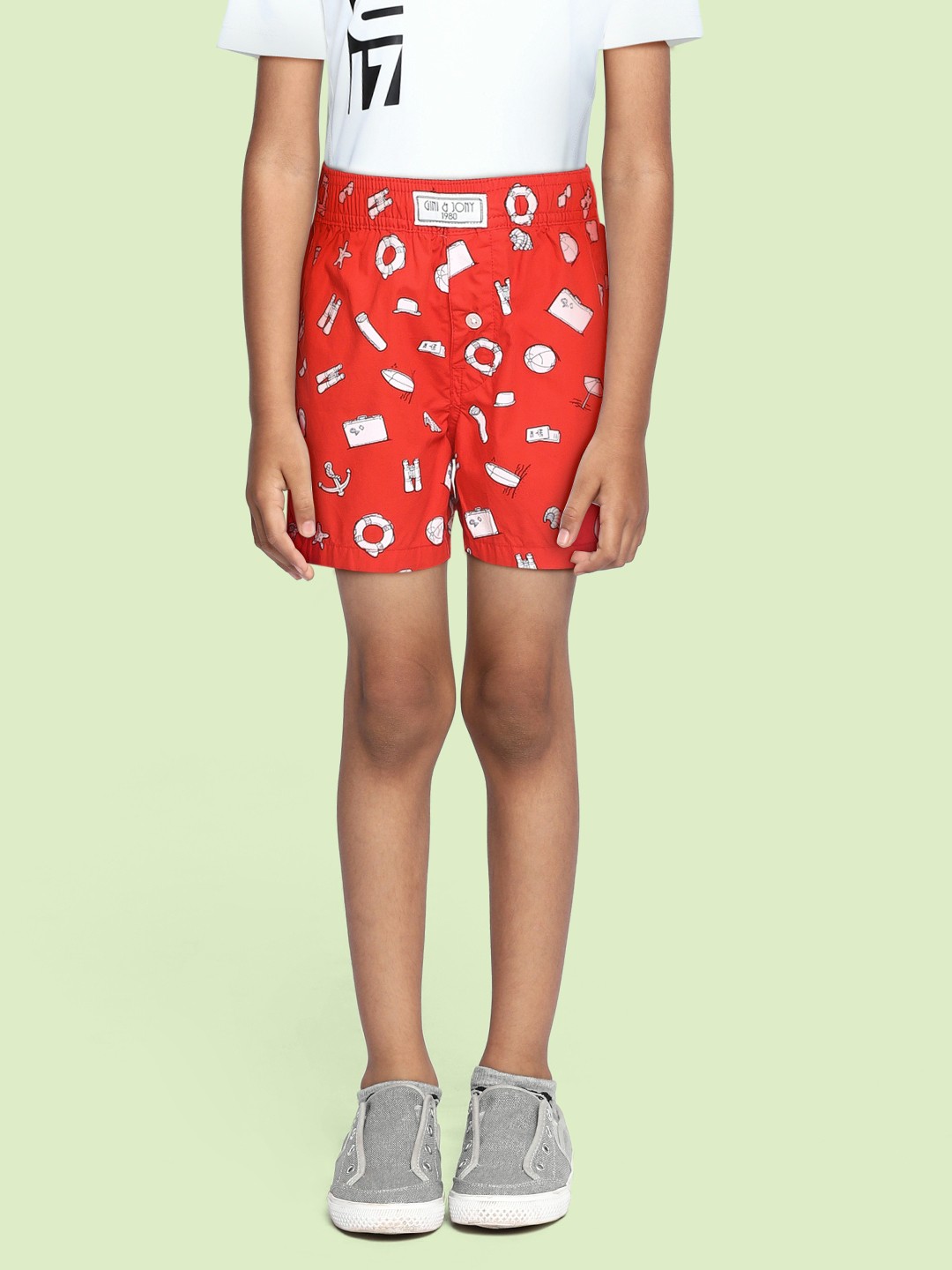 

Gini and Jony Boys Red Printed Cotton Regular Fit Regular Shorts