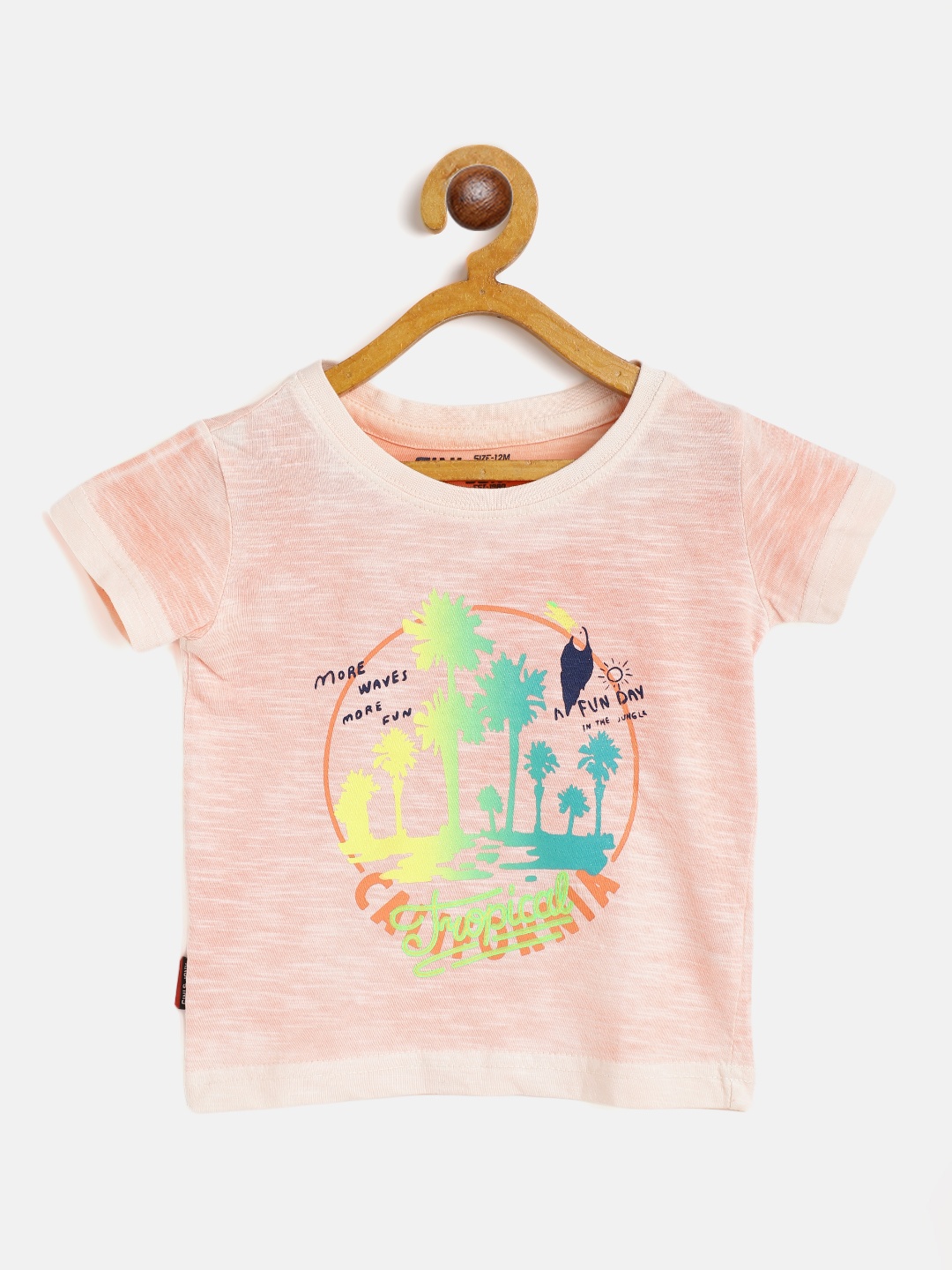 

Gini and Jony Infant Boys Peach-Coloured Green Pure Cotton Tropical Printed Pure Cotton T-shirt