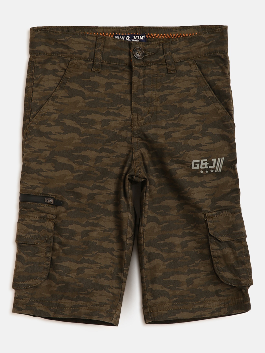 

Gini and Jony Boys Olive Brown Cotton Camouflage Printed Mid-Rise Cargo Shorts