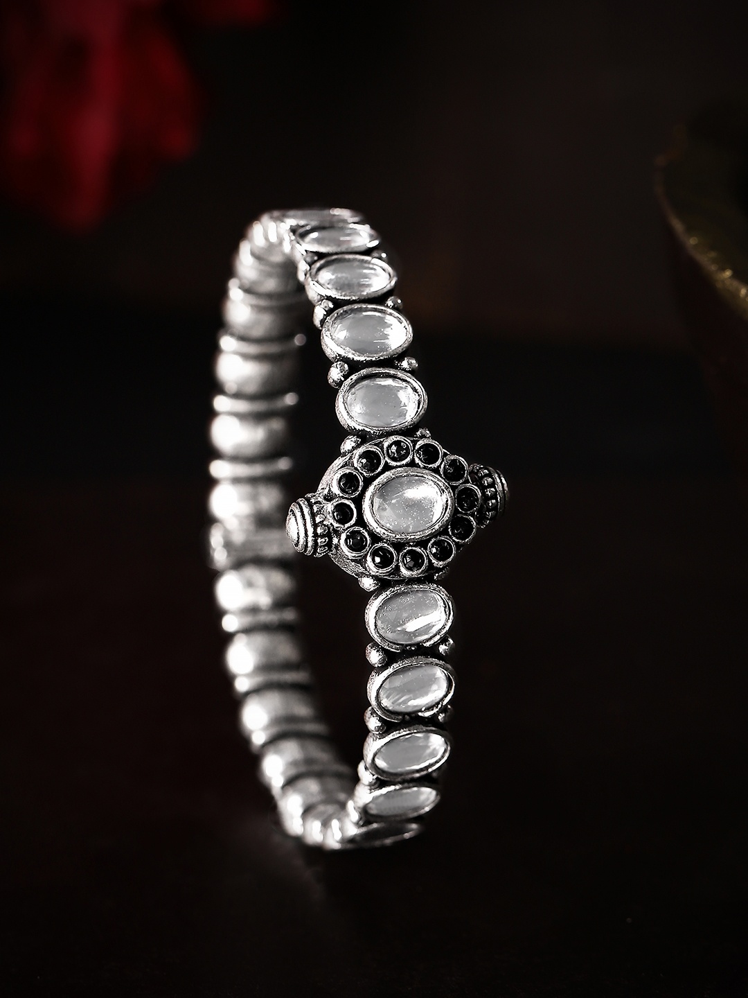

Rubans Silver-Plated Handcrafted Oxidised Kundan Bangle-Style Bracelet