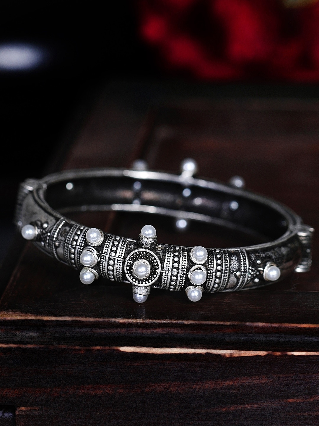 

Rubans Silver-Plated Handcrafted Pearl Oxidised Filigree Bangle-Style Bracelet