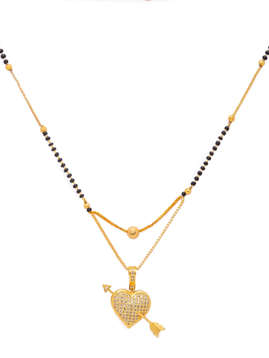 

Digital Dress Room Black Gold-Plated Stone-Studded & Beaded Heart with Arrow Mangalsutra