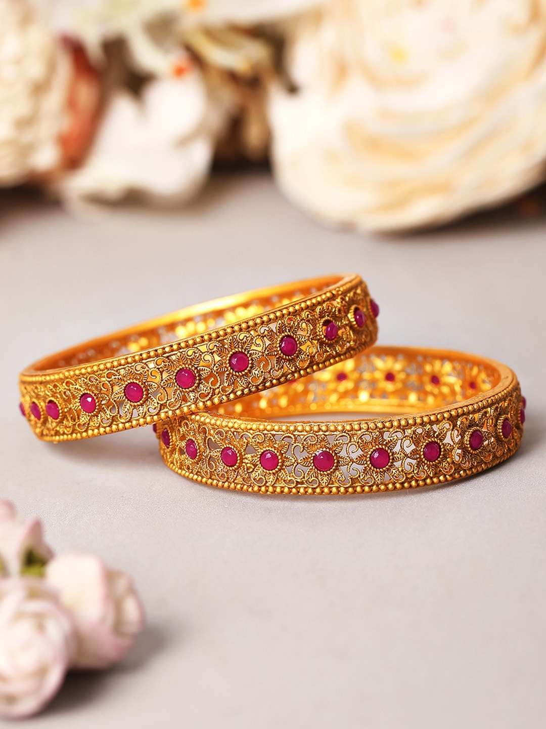 

Rubans Set Of 2 Gold-Plated Magenta Pink Ruby-Studded Handcrafted Bangles