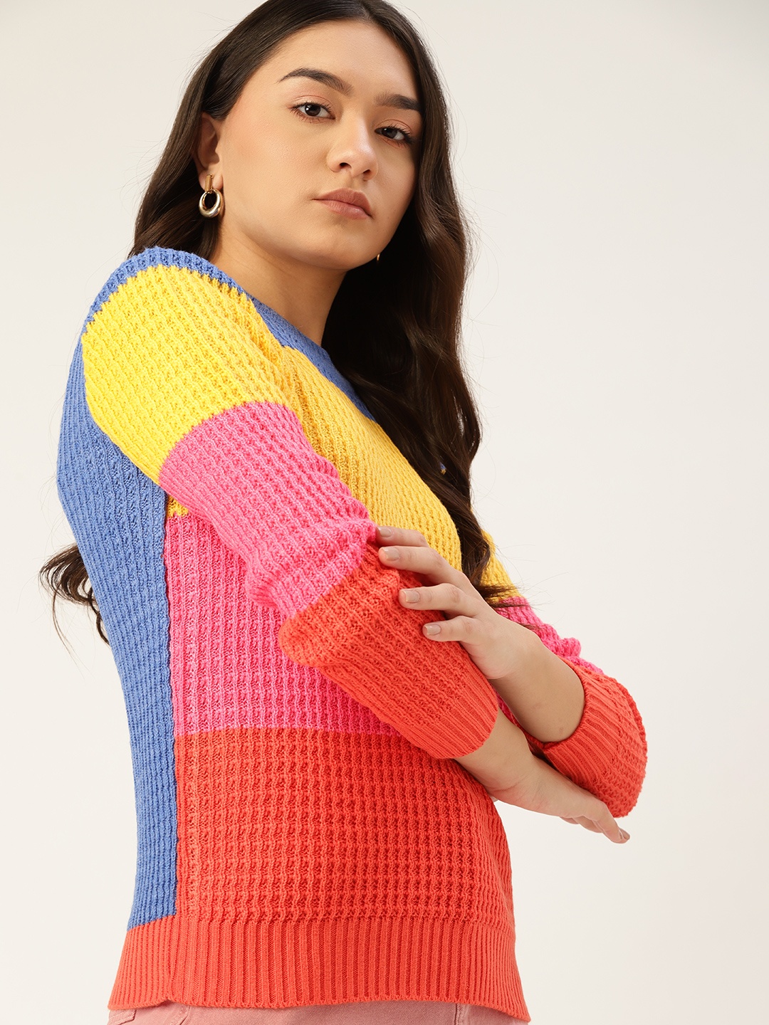 

DressBerry Women Yellow & Pink Colourblocked Pullover