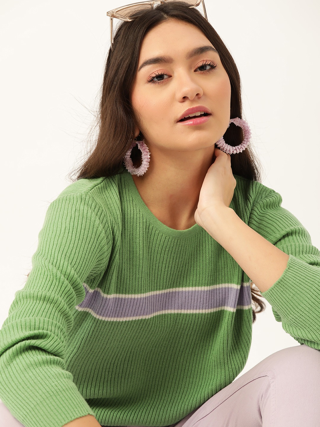 

DressBerry Women Green & Lavender Striped Pullover