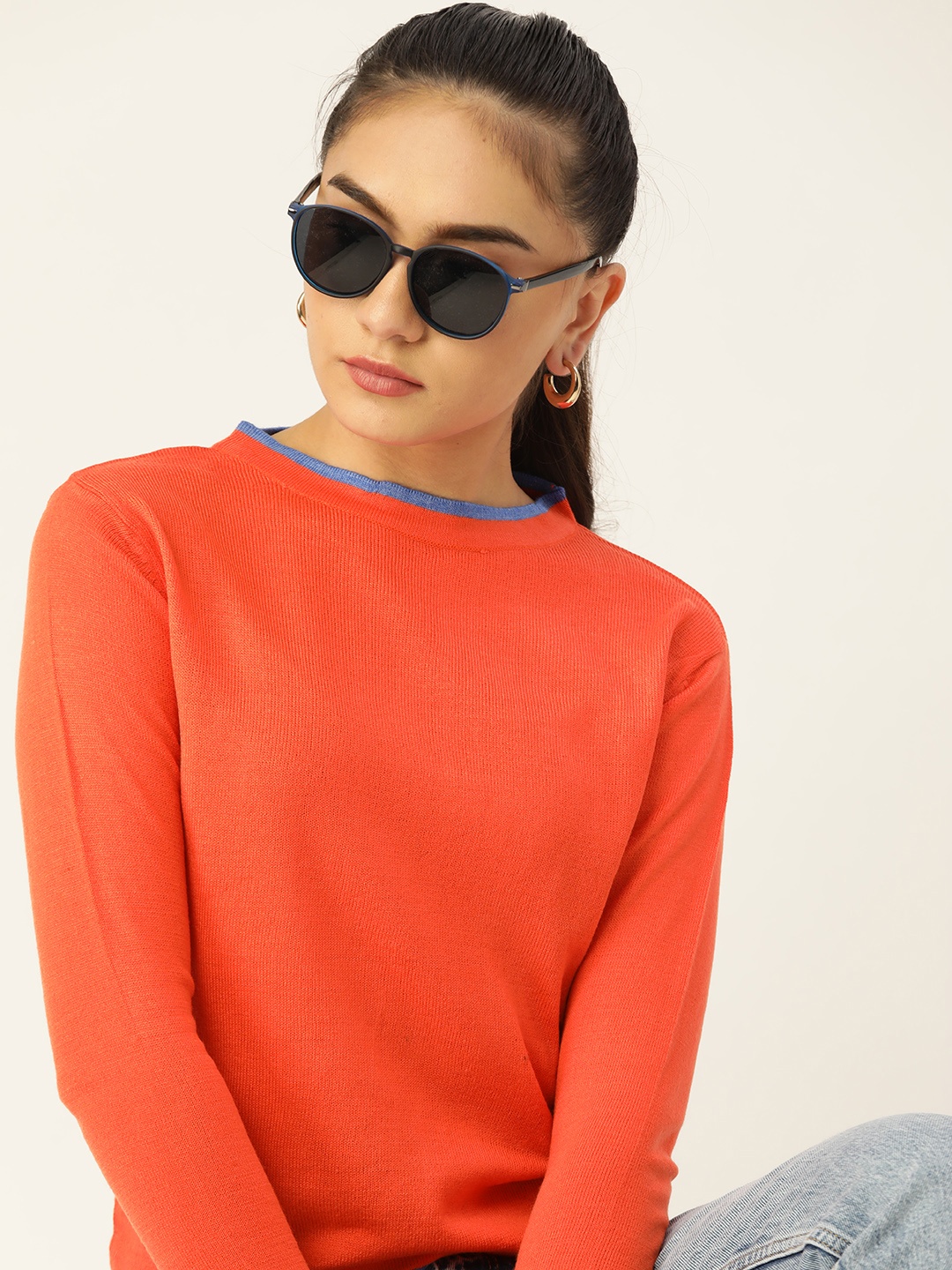 

DressBerry Women Orange Contrast Edges Pullover