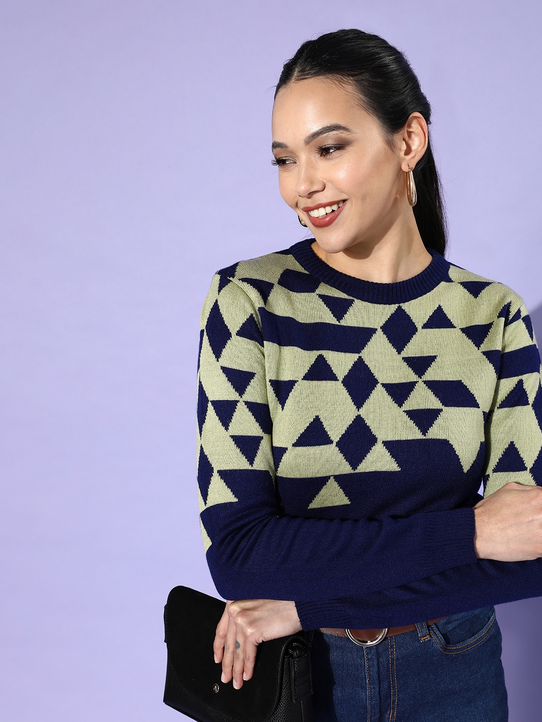 

DressBerry Women Deep Navy Blue Geometric Quirky Outerwear Sweater