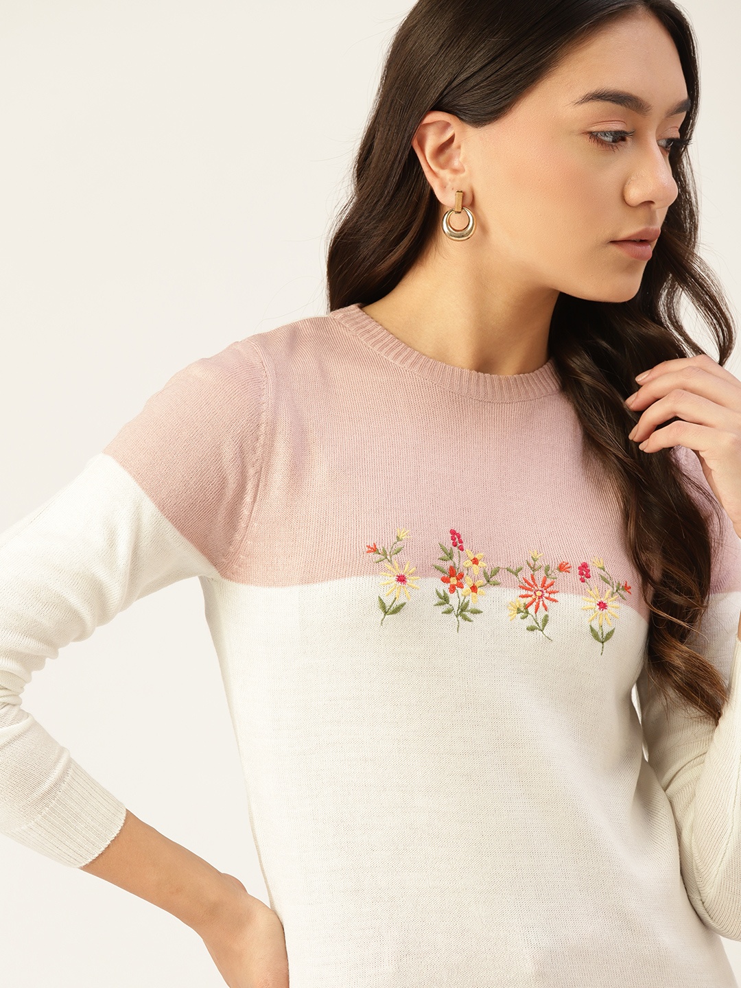 

DressBerry Women Pink & White Colourblocked Pullover with Embroidered Detail