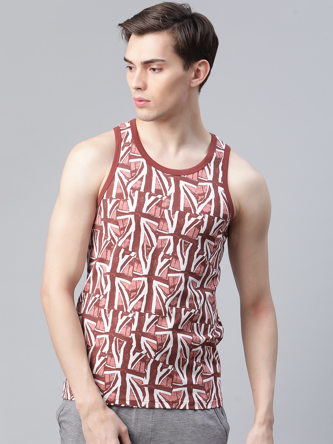 

Pepe Jeans Men Rust Red & White Printed Innerwear Vest