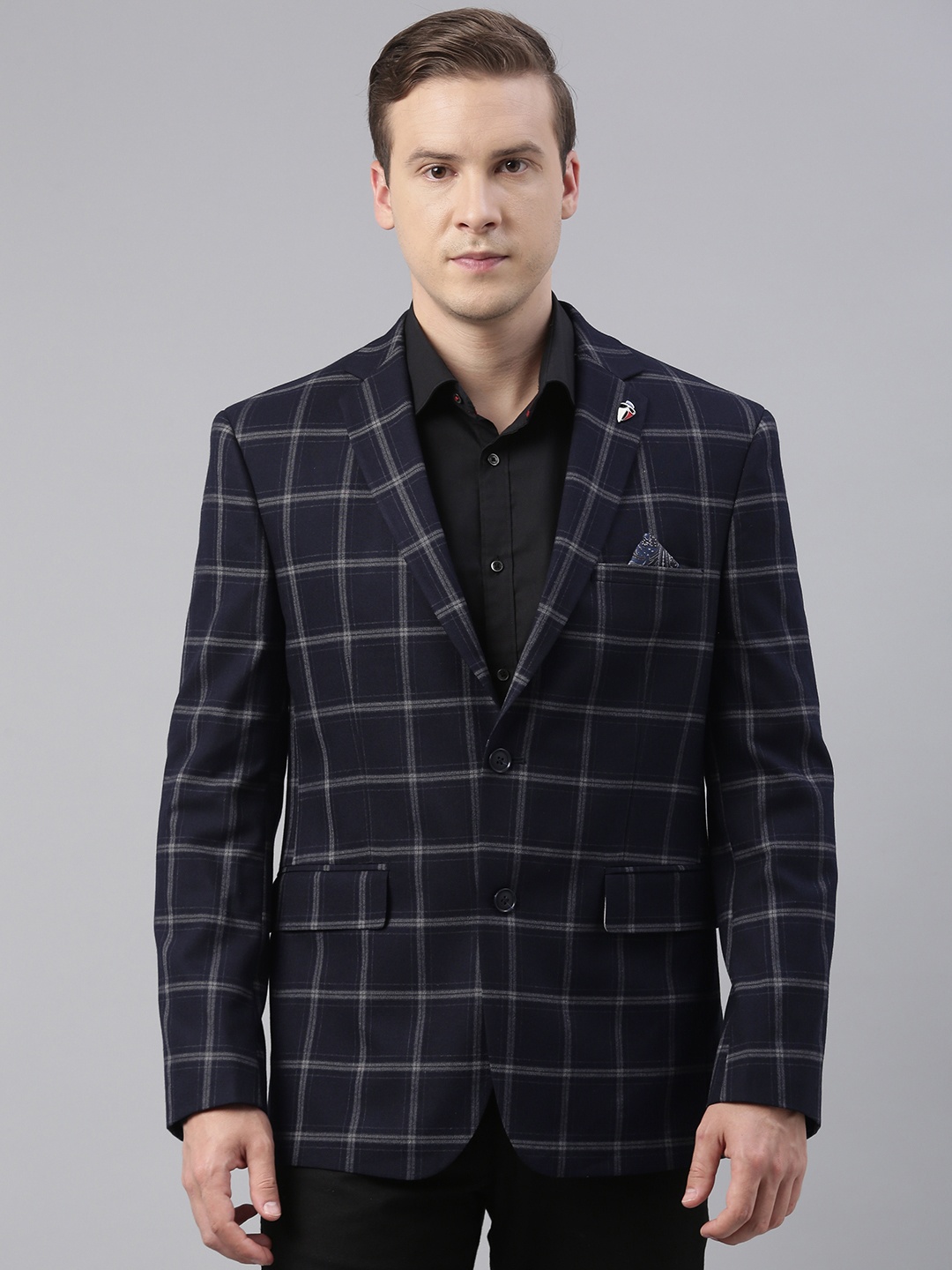 

Theme Men Navy Blue & Grey Checked Slim Fit Formal Blazer