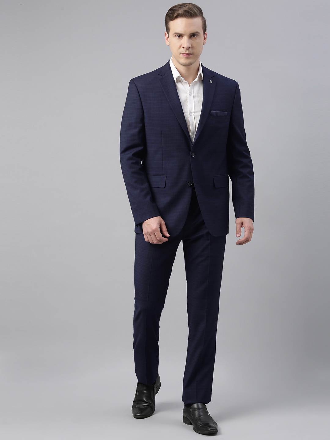 

Theme Men Navy Blue Checked Single-Breasted Suit