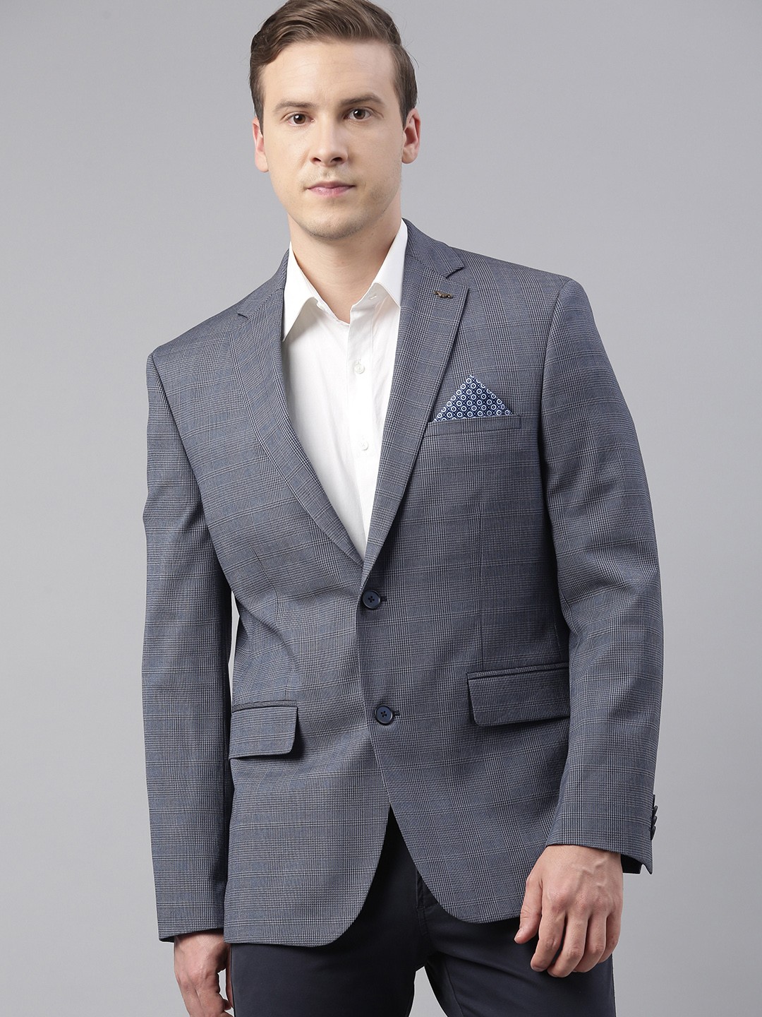 

Theme Men Blue & Grey Checked Slim Fit Single-Breasted Blazer