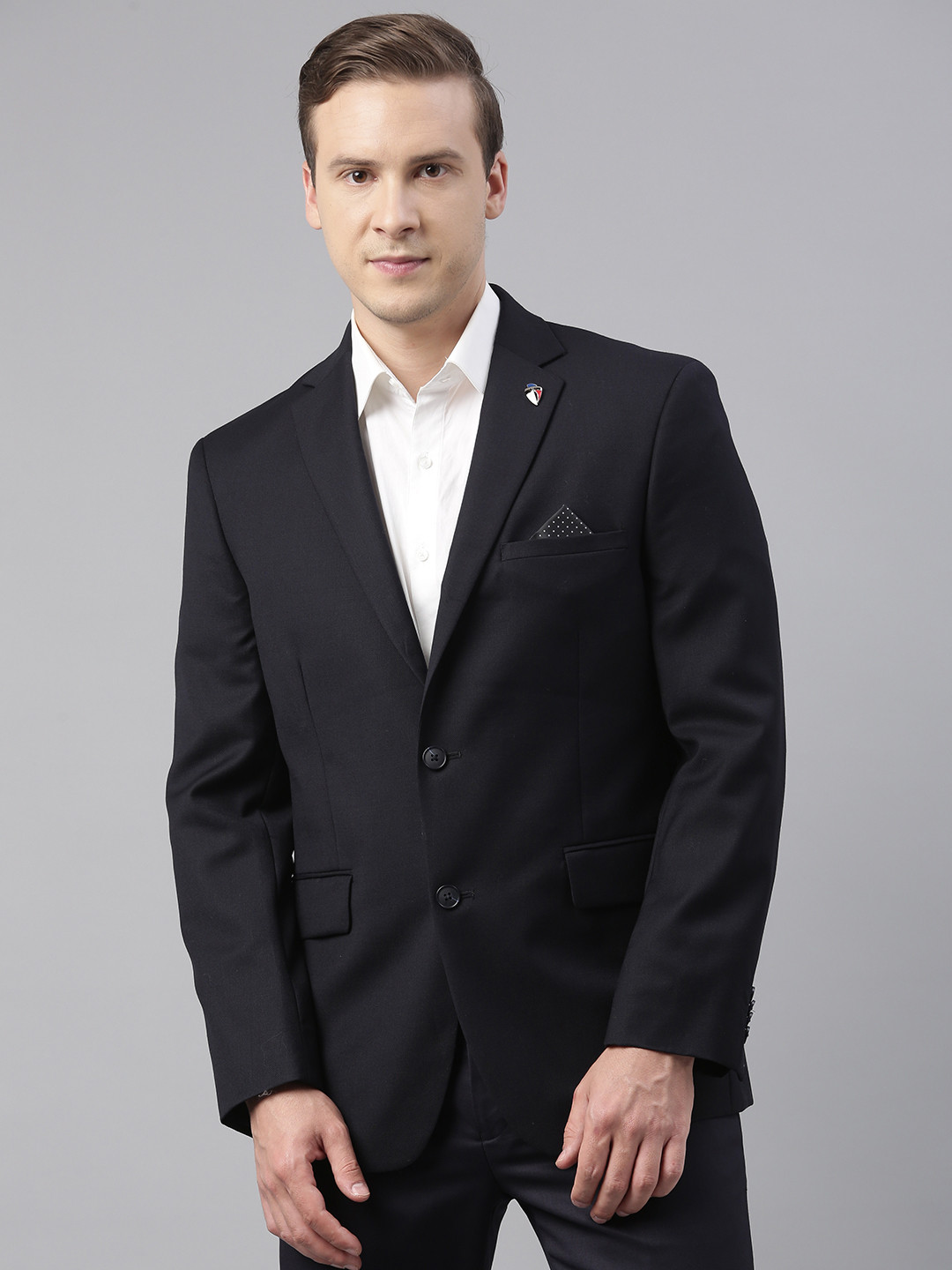 

Theme Men Navy Blue Regular Fit Solid Single-Breasted Formal Blazer