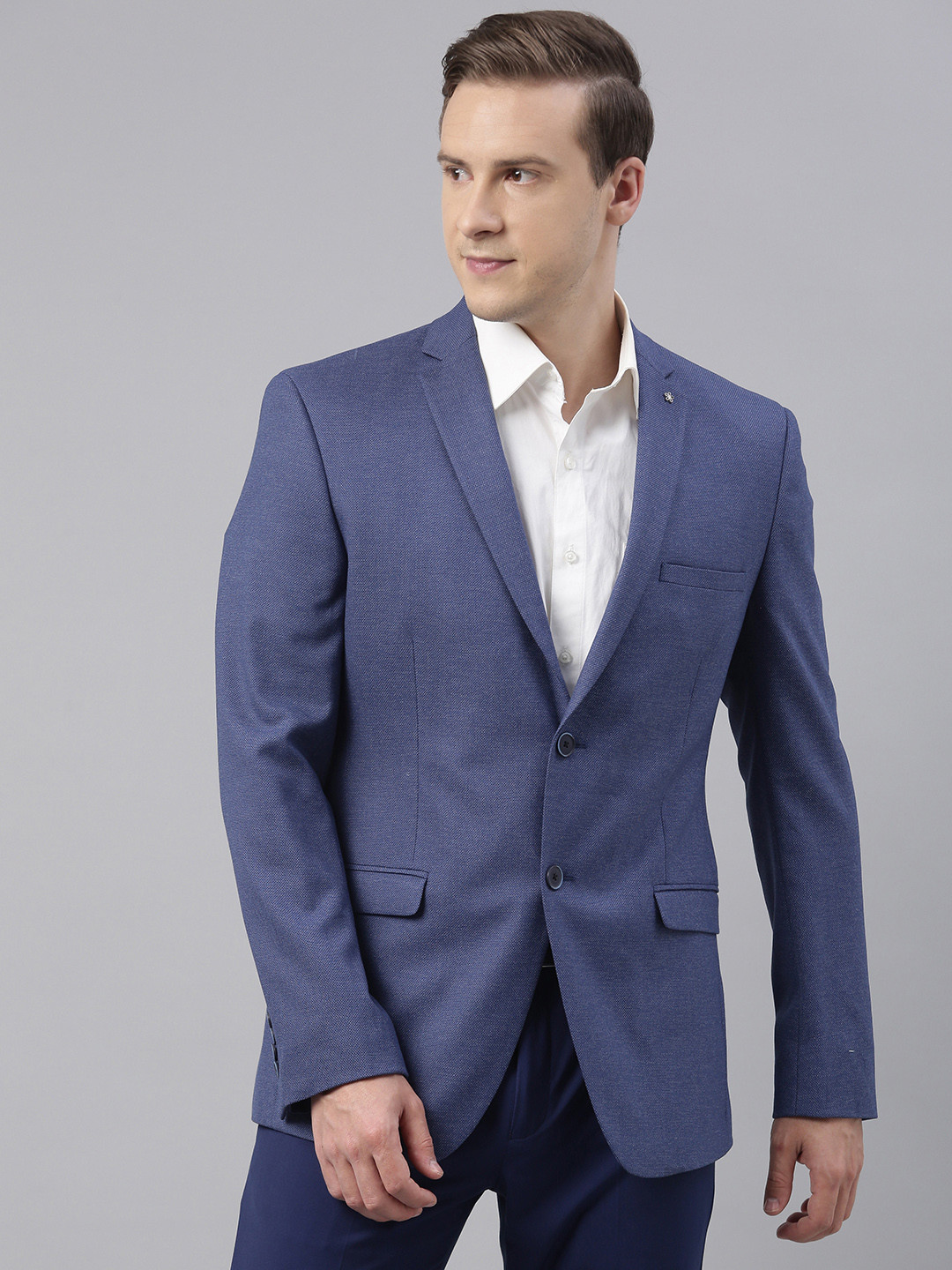

Theme Men Blue Slim Fit Self Design Single-Breasted Formal Blazer