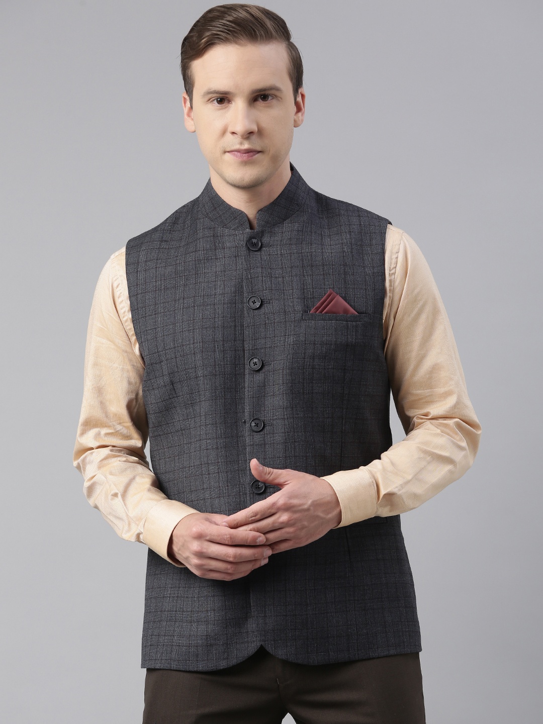 

Theme Men Charcoal Grey Checked Woven Nehru Jacket