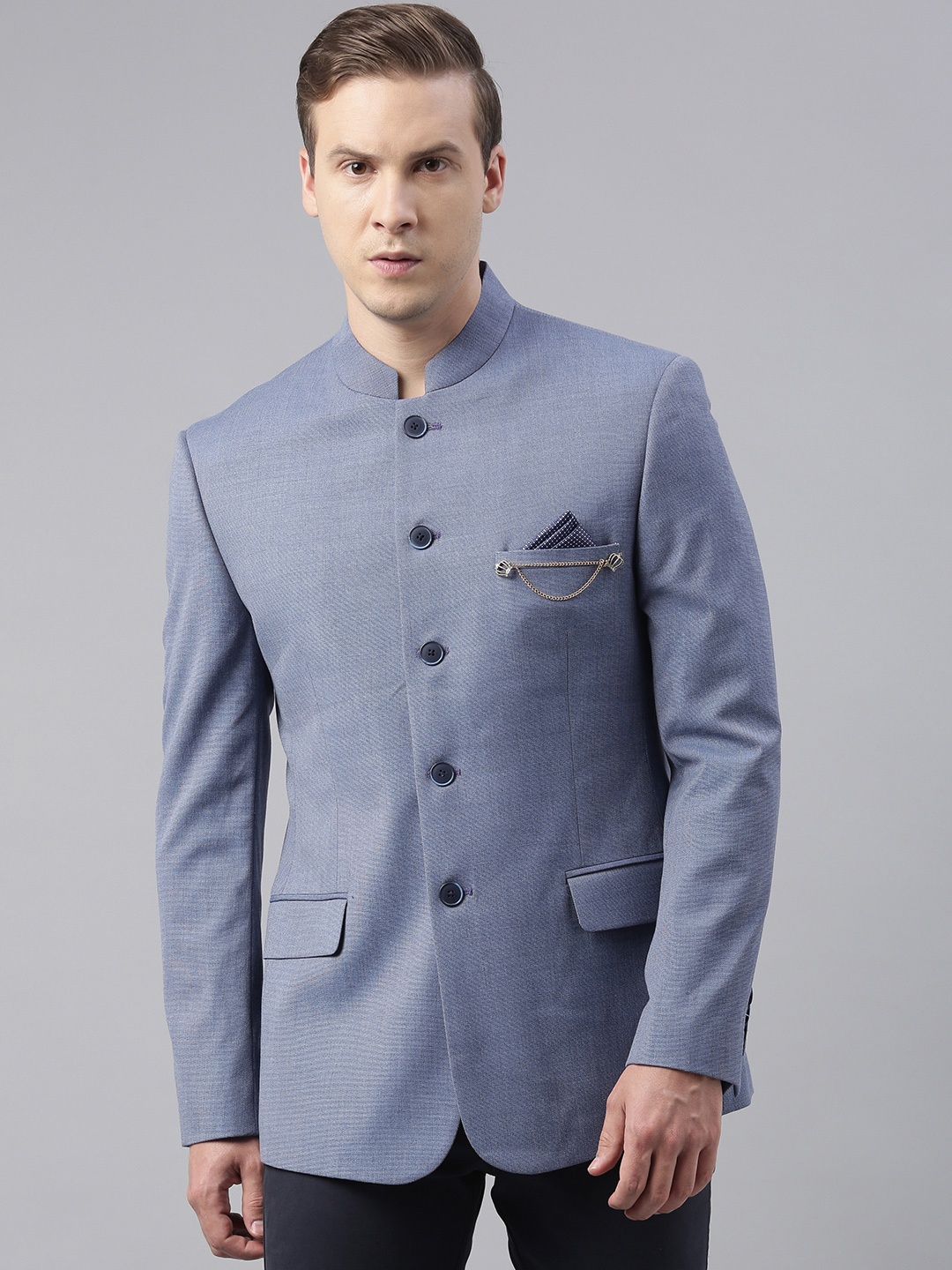 

Theme Men Blue Solid Slim Fit Bandhgala Blazer