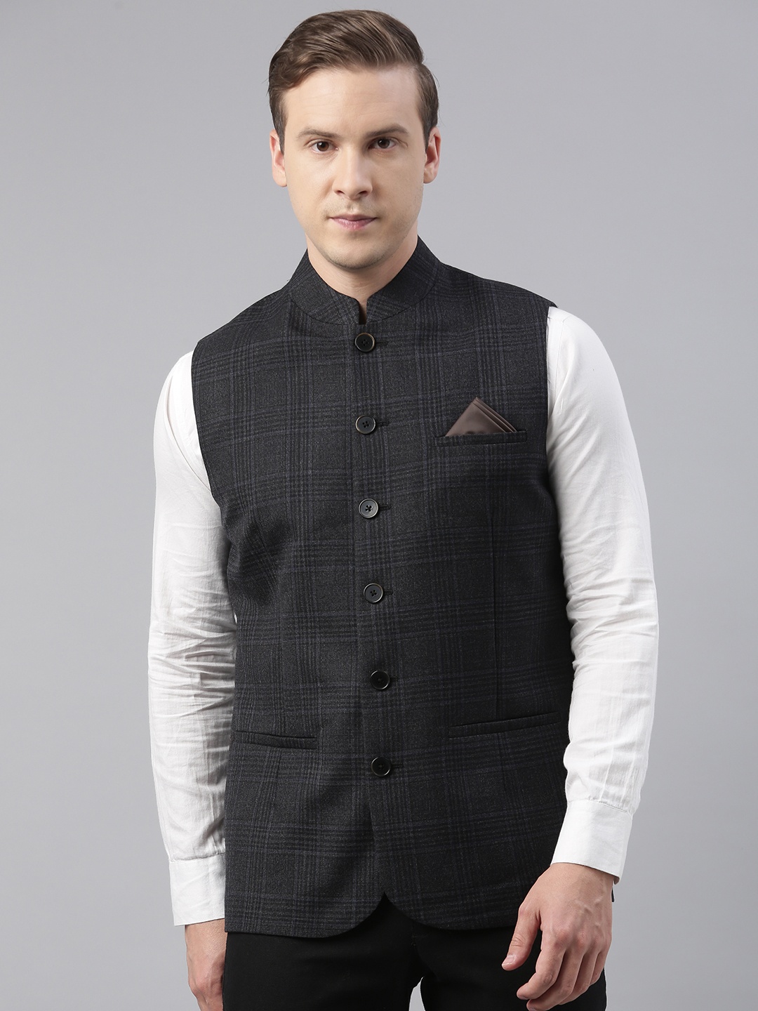 

Theme Men Charcoal Grey Checked & Blue Woven Nehru Jacket