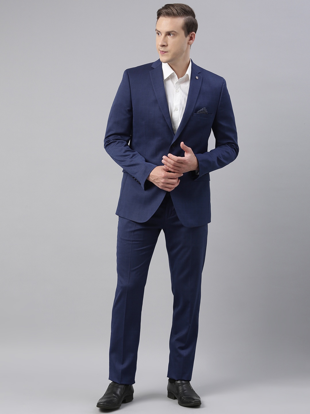 

Theme Men Blue Checked Fitted 2 Piece Formal Suit, Navy blue