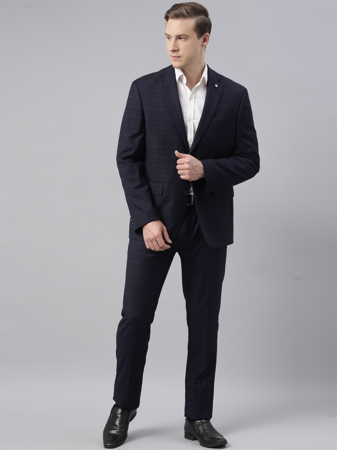 

Theme Men Navy Blue Checked Slim-Fit Single-Breasted Formal Suit