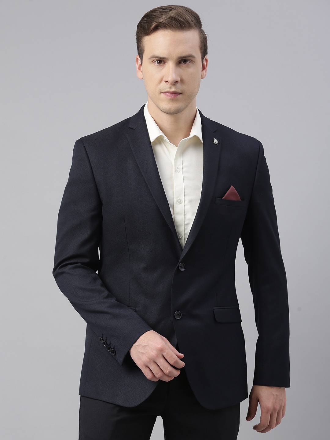 

Theme Men Navy Blue Solid Slim Fit Single-Breasted Formal Blazer
