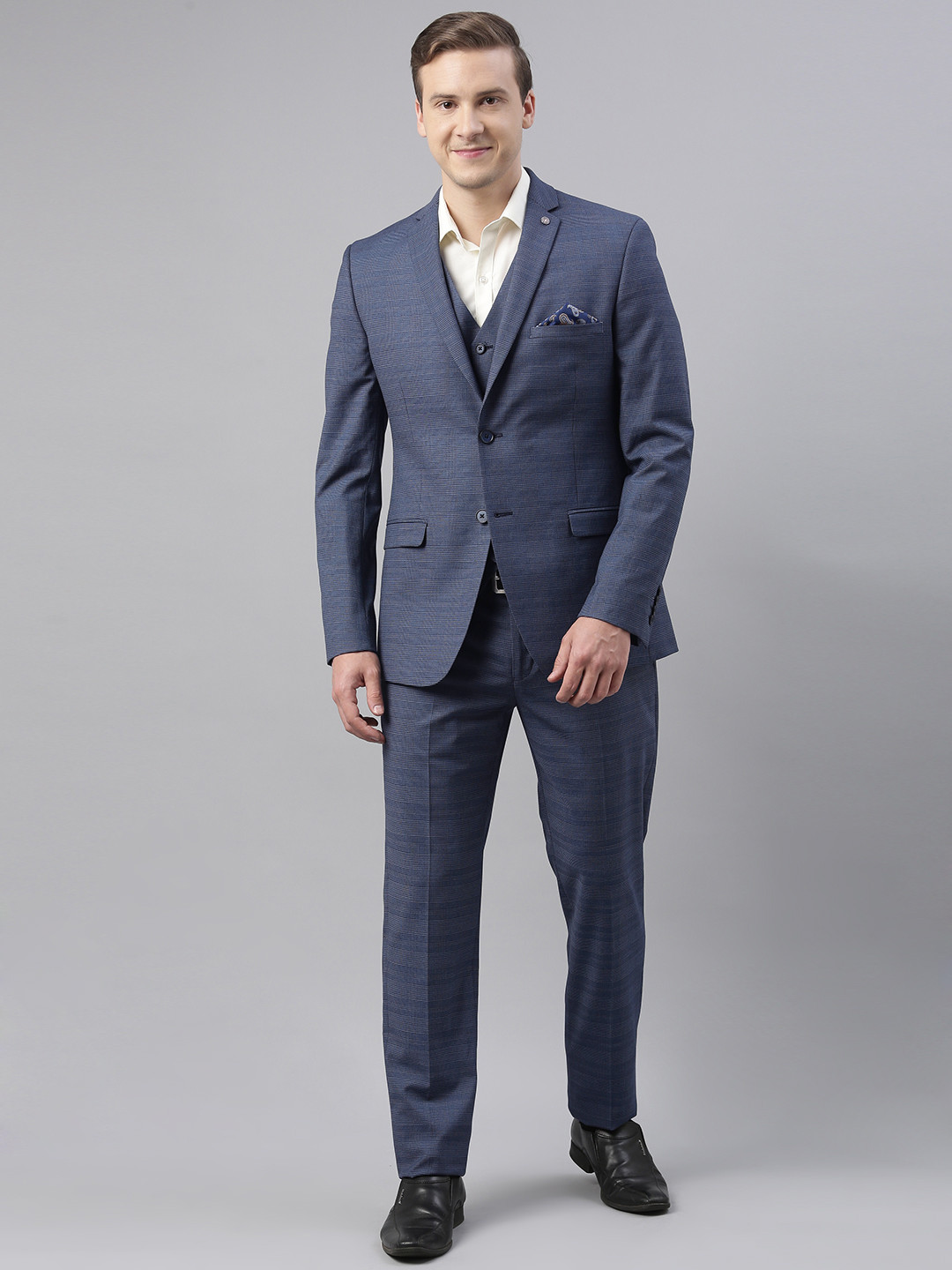 

Theme Men Blue Checked Slim-Fit Single-Breasted Three-Piece Formal Suit