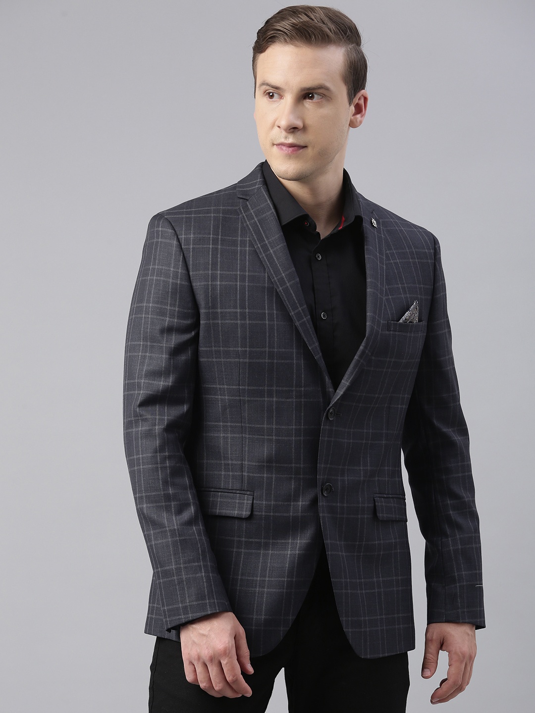 

Theme Men Charcoal Grey Checked Casual Blazers