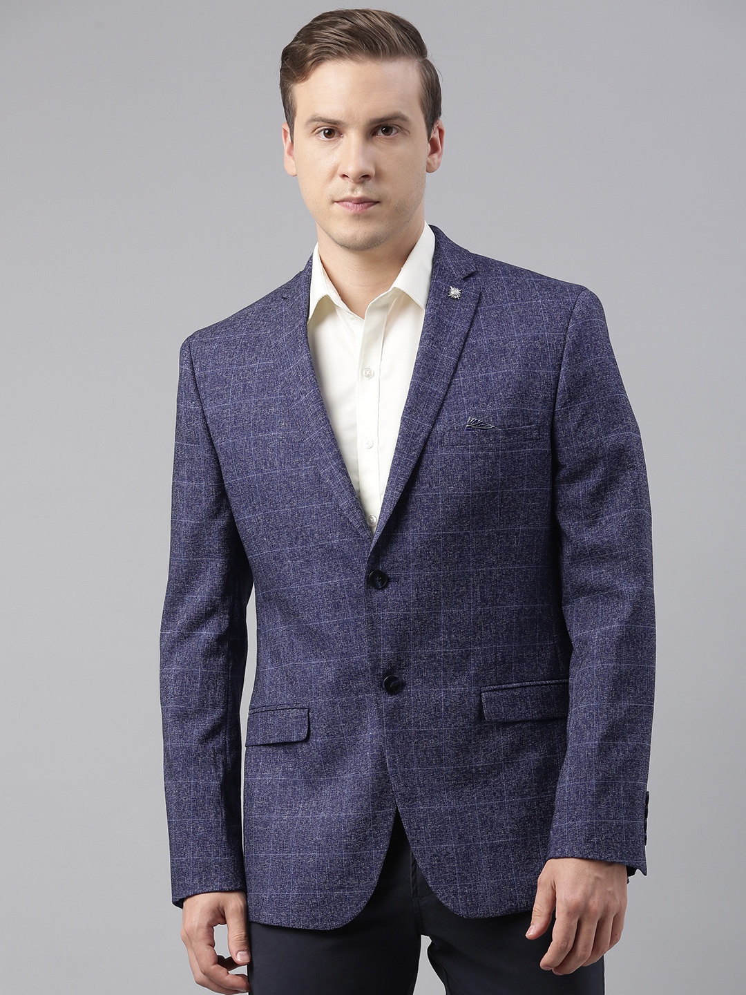 

Theme Men Blue Checked Slim-Fit Single-Breasted Casual Blazer