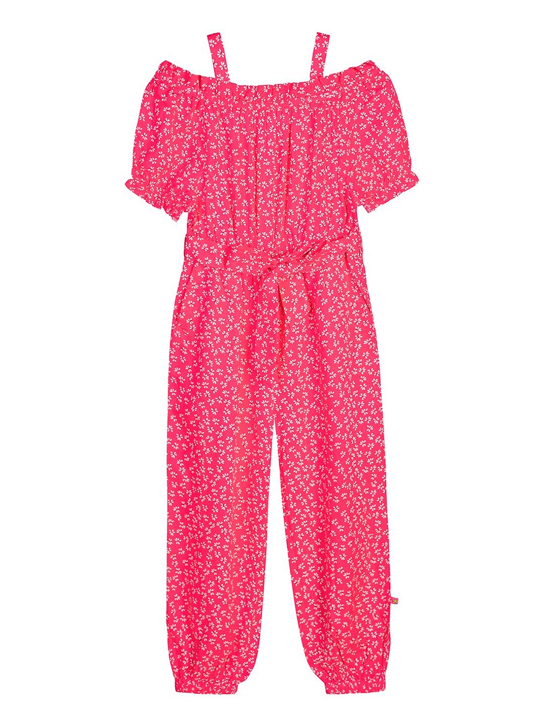 

Budding Bees Girls Pink & White Floral Printed Cold Shoulder Basic Jumpsuit