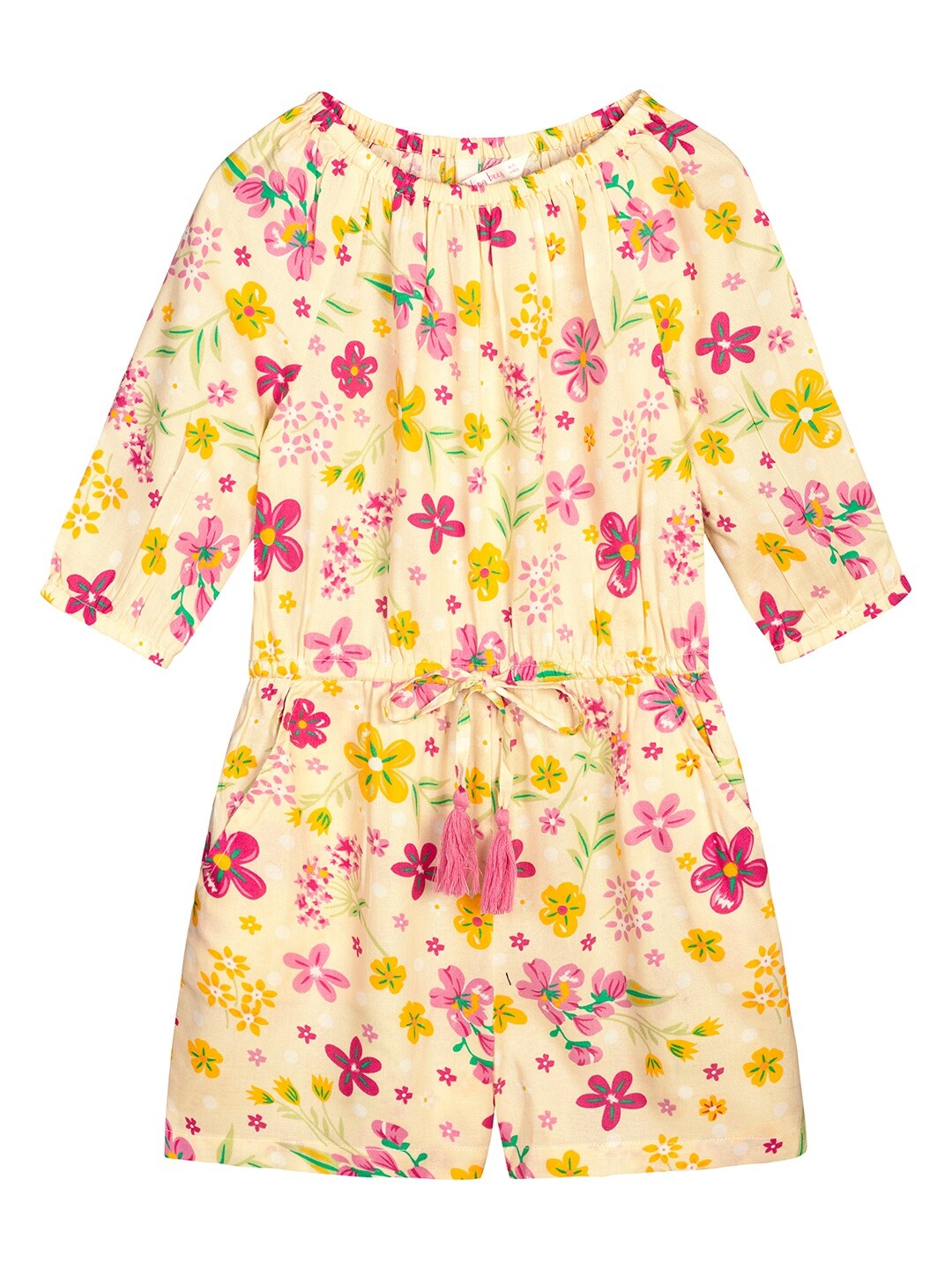 

Budding Bees Girls Cream-Coloured & Pink Floral Printed Playsuit
