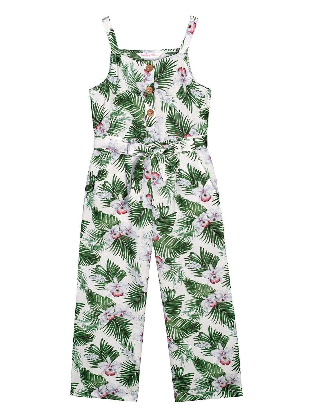 

Budding Bees Girls White & Green Printed Basic Jumpsuit