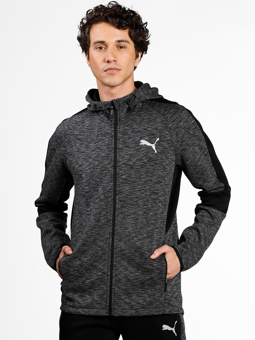 

Puma Men Charcoal Grey Melange EVOSTRIPE Full Zip Hooded Sweatshirt
