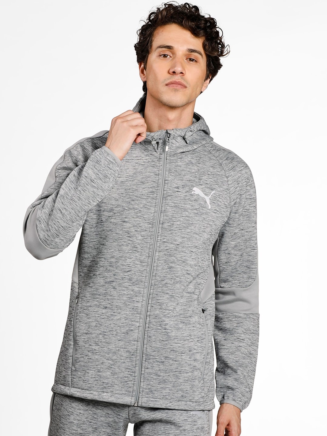 

Puma Men Grey Melange Solid Slim Fit Evostripe Full-Zip Hooded Sweatshirt
