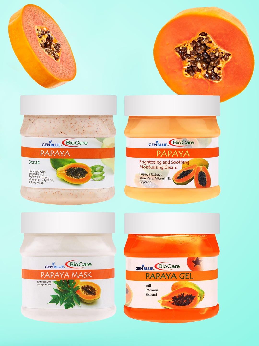

GEMBLUE BioCare Pack of 4 Papaya Scrub - Mask - Cream & Gel - 500 ml each, Orange
