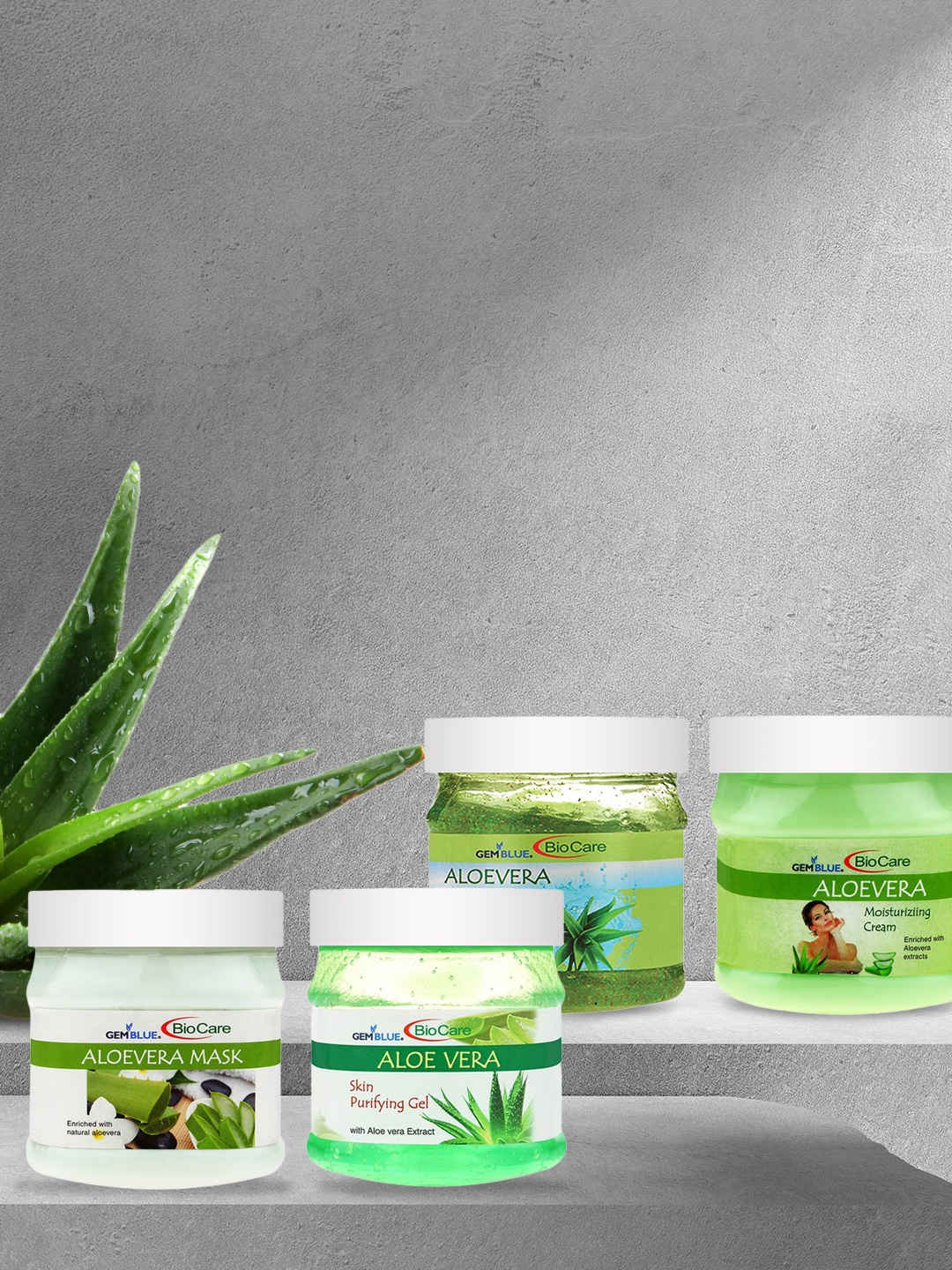 

GEMBLUE BioCare Pack of 4 Aloe Vera Scrub - Mask - Cream & Gel - 500 ml each, Green