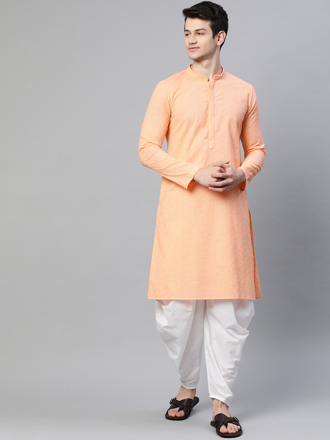 

See Designs Men Peach Ethnic Motifs Chikankari Embroidered Chikankari Kurta