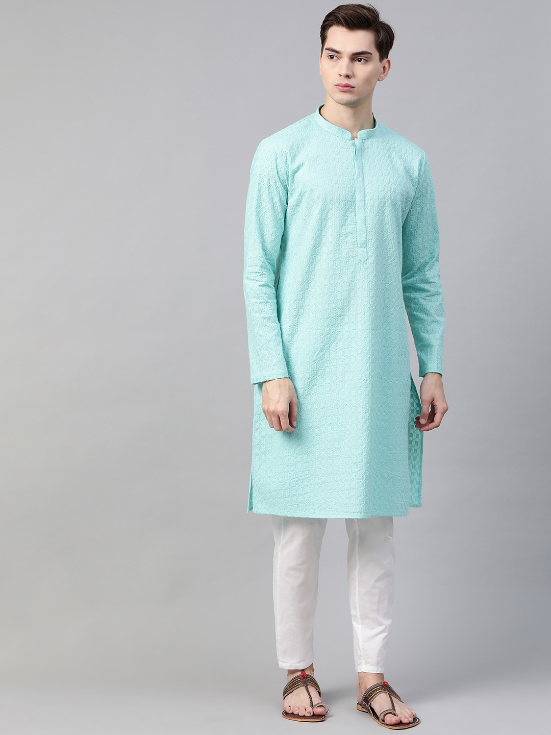 

See Designs Men Sea Green Pure Cotton Chikankari Embroidered Straight Kurta