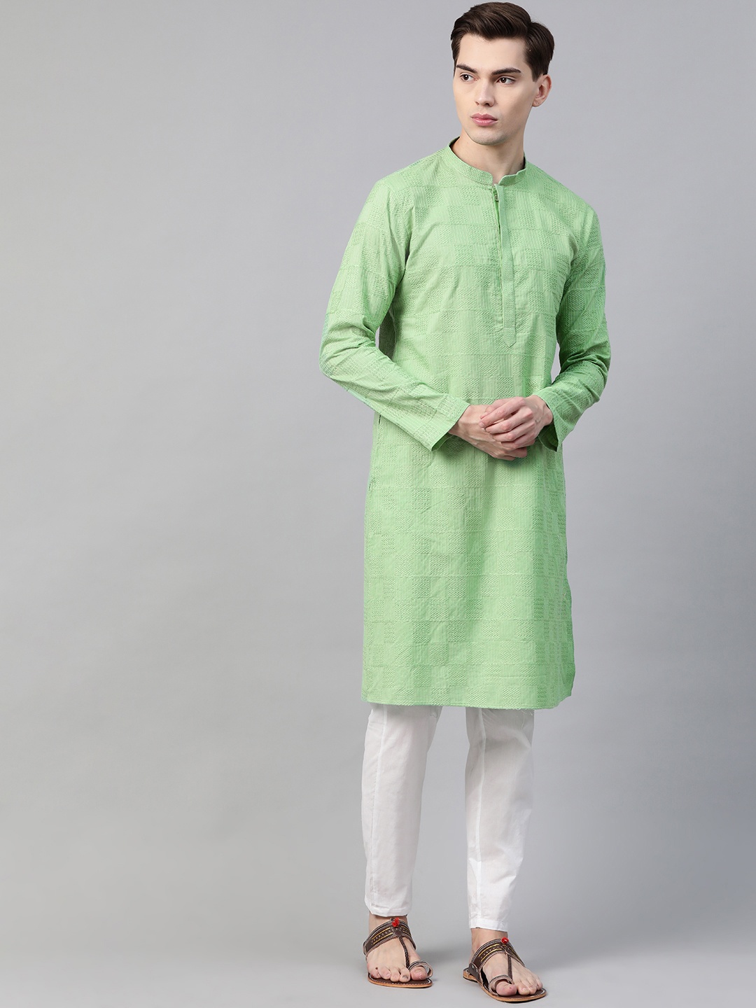 

See Designs Men Green Pure Cotton Chikankari Embroidered Straight Kurta