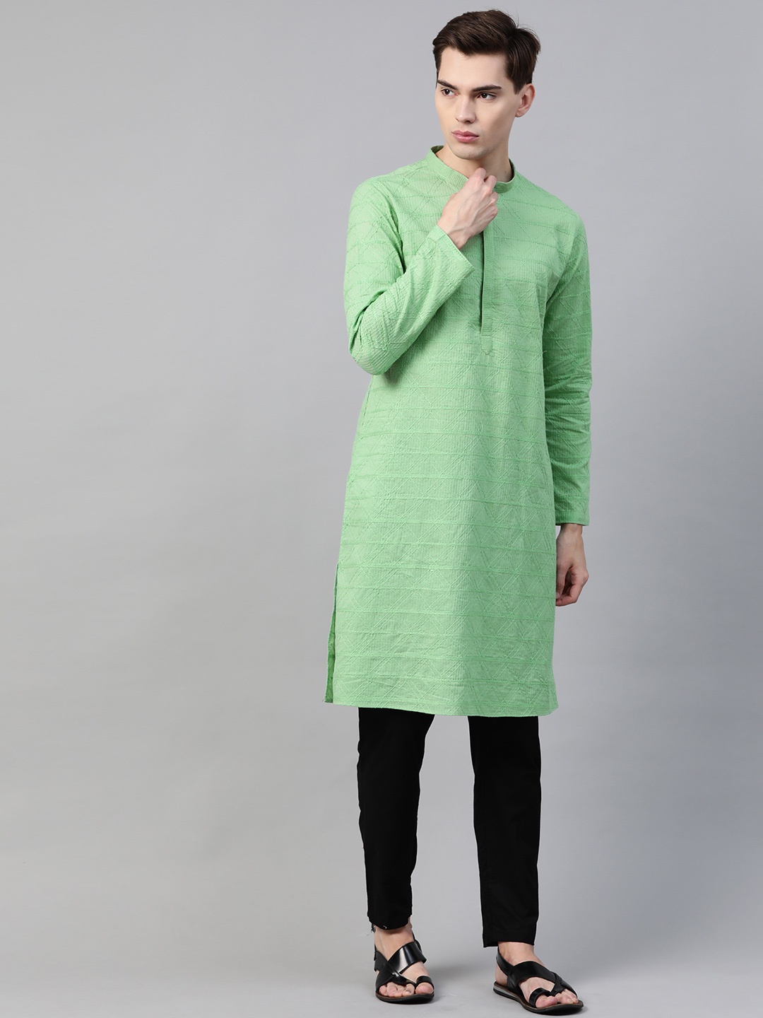 

See Designs Men Green Ethnic Motifs Chikankari Embroidered Straight Kurta